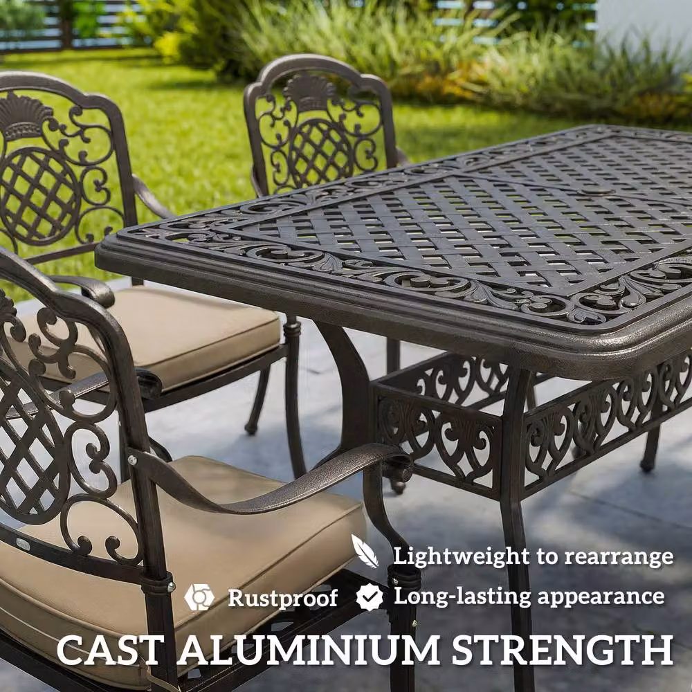 Outsunny Retro Bronze Outdoor Dining Set with Cushions and Parasol Hole, Powder Coated Aluminium, W/D: 150 x 90 cm – 5