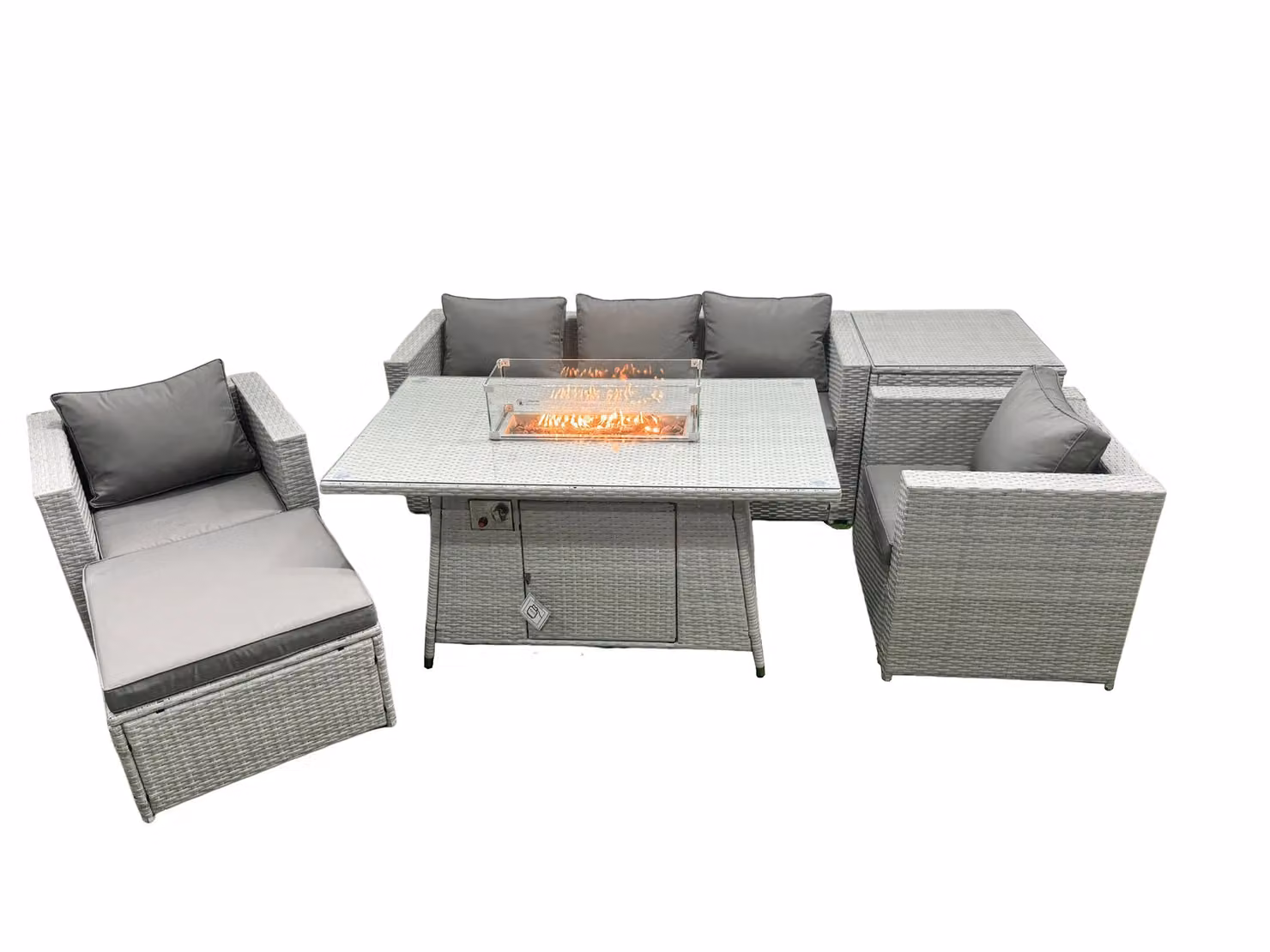 Fimous Rattan Garden Furniture Set with Gas Fire Pit, 3-Seater Sofa, Armchairs, Ottoman and Side Table in Light Grey – 2