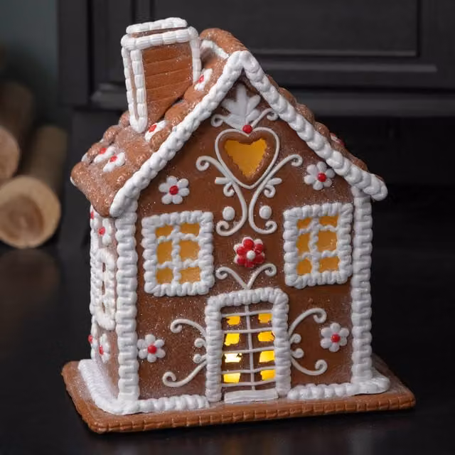 Samuel ALEXANDER Brown Ceramic Gingerbread House Christmas Chalet Decoration with LED Lights, H 24 cm x W 15 cm x D 15 cm – 1