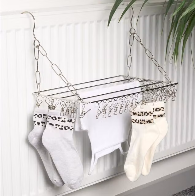 OHS Silver Metal Hanging Radiator Airer with Hooks