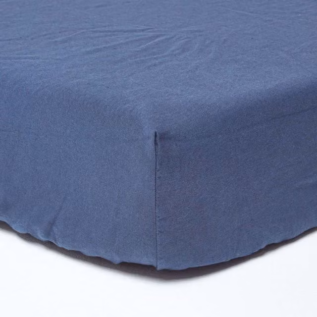 Homescapes Navy Blue Linen and Combed Cotton Fitted Sheet, 200 x 200 cm