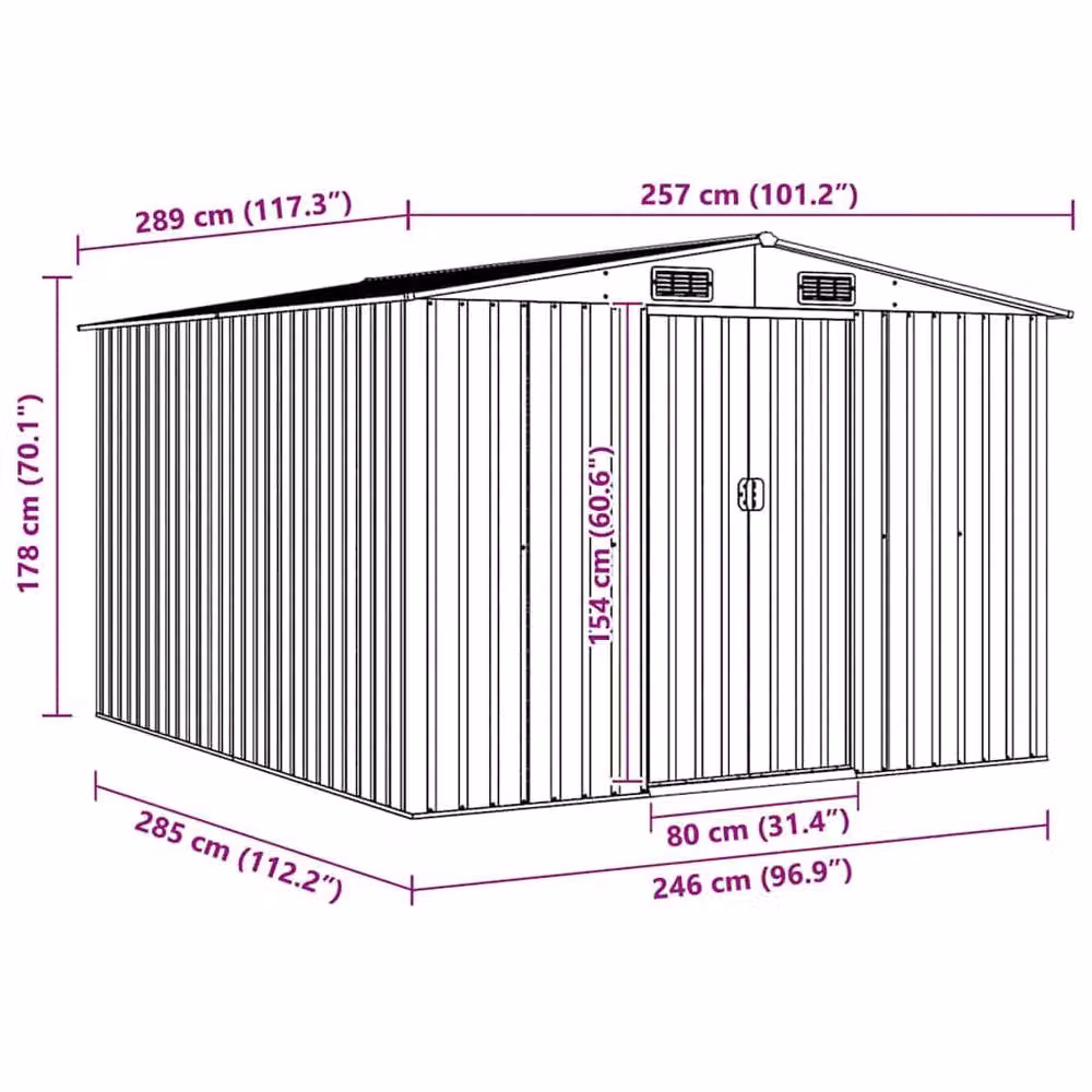 Berkfield Home Green Metal Garden Shed with Sliding Gable Doors, W/D/H: 257 x 298 x 178 cm – 4
