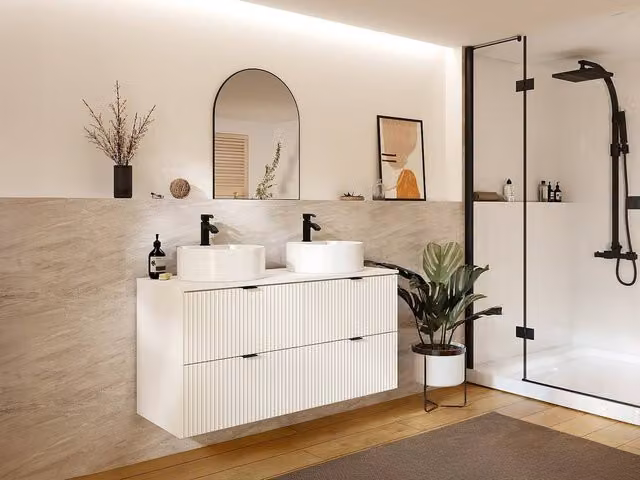 ZEVINI Striped Wall-Hung Bathroom Vanity Unit with Round Ceramic Basin in White, W/D/H: 60 x 47 x 60 cm – 1