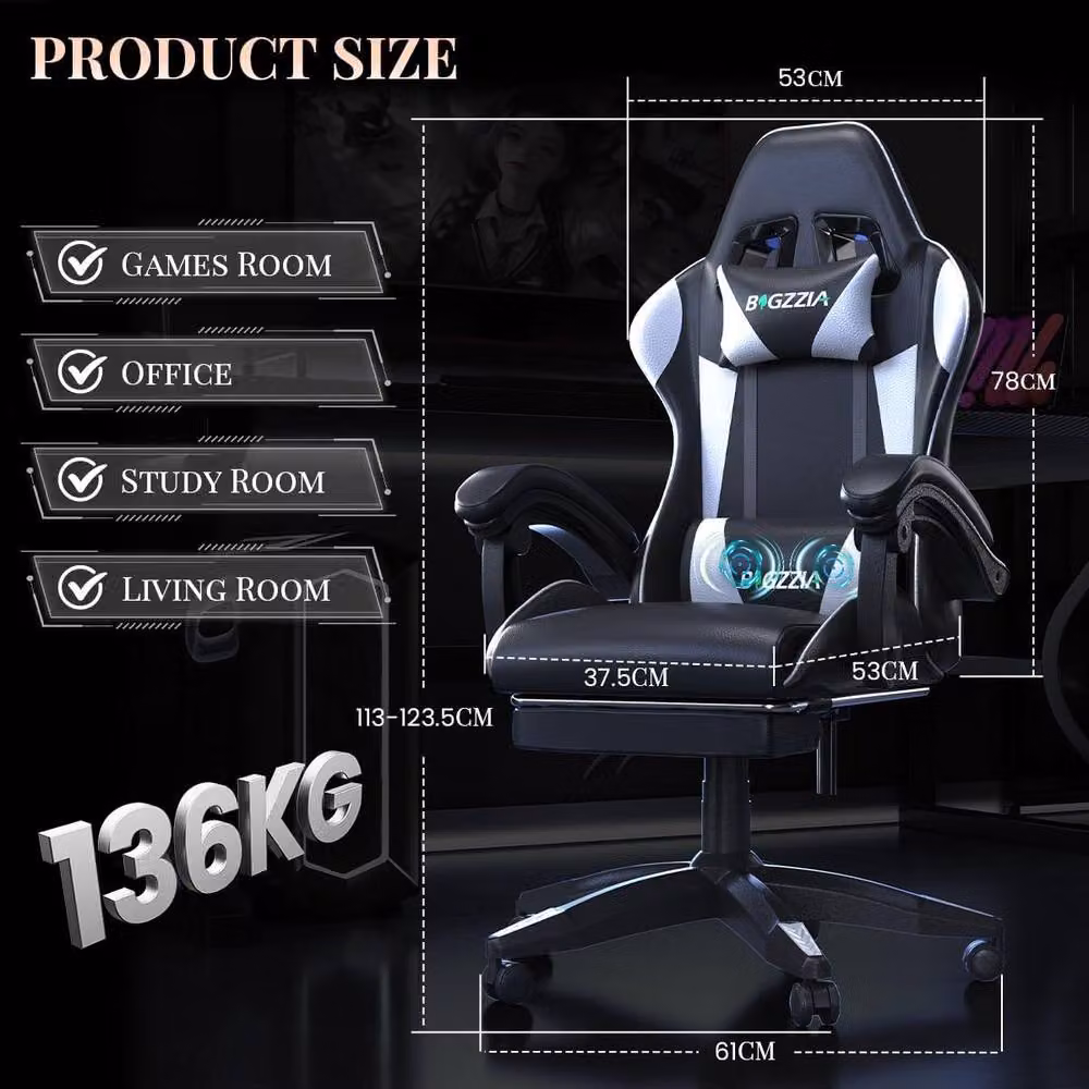 Gartistgo Gaming Chair in Black with Massage, Footrest, Adjustable Recline and Synthetic Leather – 2