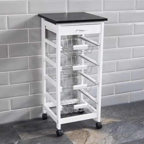 Chef Vida 4 Tier Kitchen Trolley Cart with Storage Baskets and Drawer, White and Black, H 81 x W 37 x D 37 cm – 7