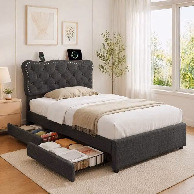 STILVORA Single Bed Frame with Storage Drawers and USB Charging Port in Grey, W/D/H: 90 x 190 cm