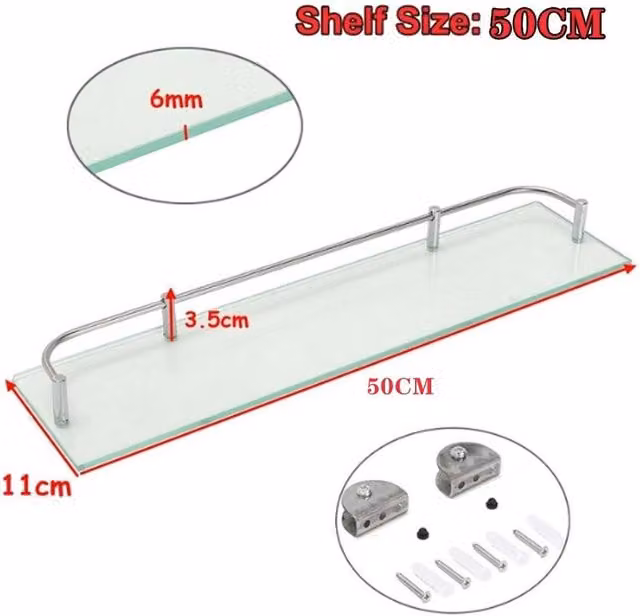 FORGEVIO Wall Mounted Glass Bathroom Shelf in Transparent, W: 180 cm, H: 180 cm