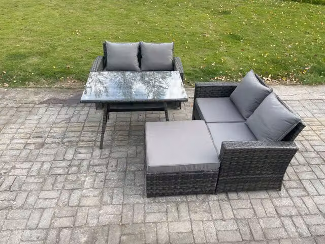 Fimous 4 Piece Wicker Rattan Garden Furniture Set with Footstool in Dark Grey