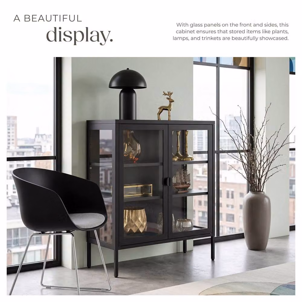 tectake Baker Metal Display Case in Black with Glass Doors and Internal Shelves – 4