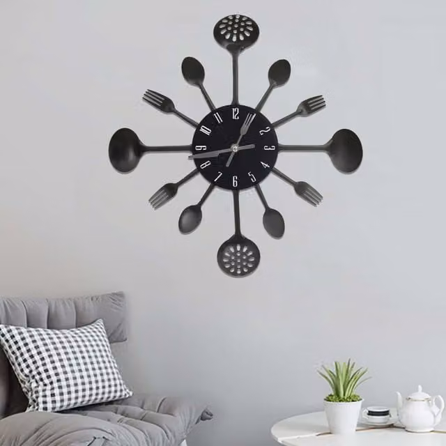Berkfield Home Round Analog Wall Clock with Spoon and Fork Design in Black Metal, Diameter: 40 cm