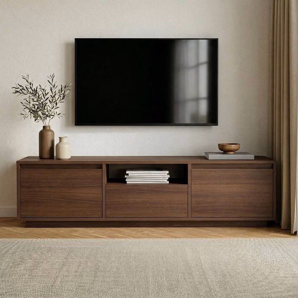 Calicosy Lume Modern TV Stand in Walnut with 3 Drop-Down Doors and 1 Niche, W: 160 cm, D: 42 cm, H: 30 cm – 2