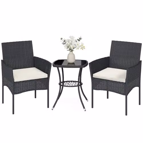 Outsunny 3 Piece Rattan Bistro Set with Upholstered Cushions and Glass-Top Coffee Table in Black and White