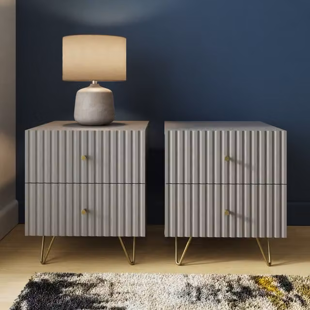 GFW Thalia Ribbed 2 Drawer Bedside Table Pair in Grey