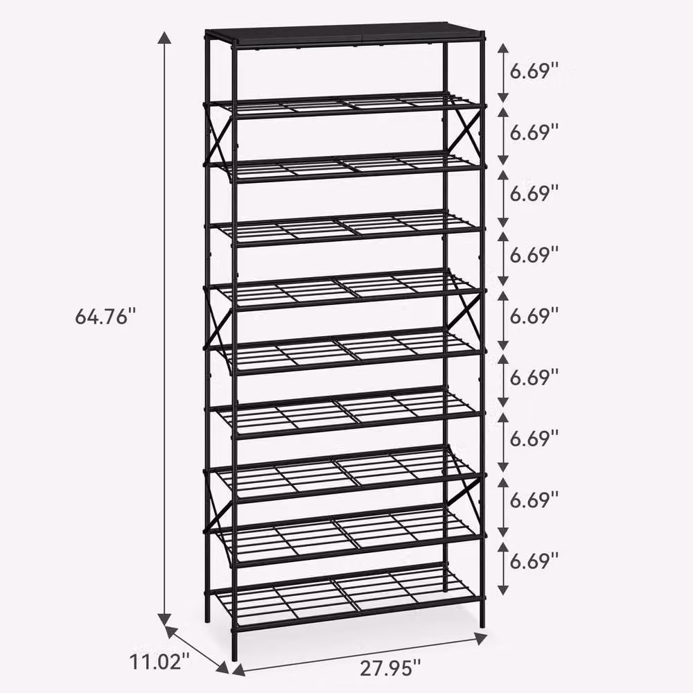 FORGEVIO Black 10 Tier Shoe Storage Rack with Top Shelf, Industrial Metal and Wood Organiser – 2