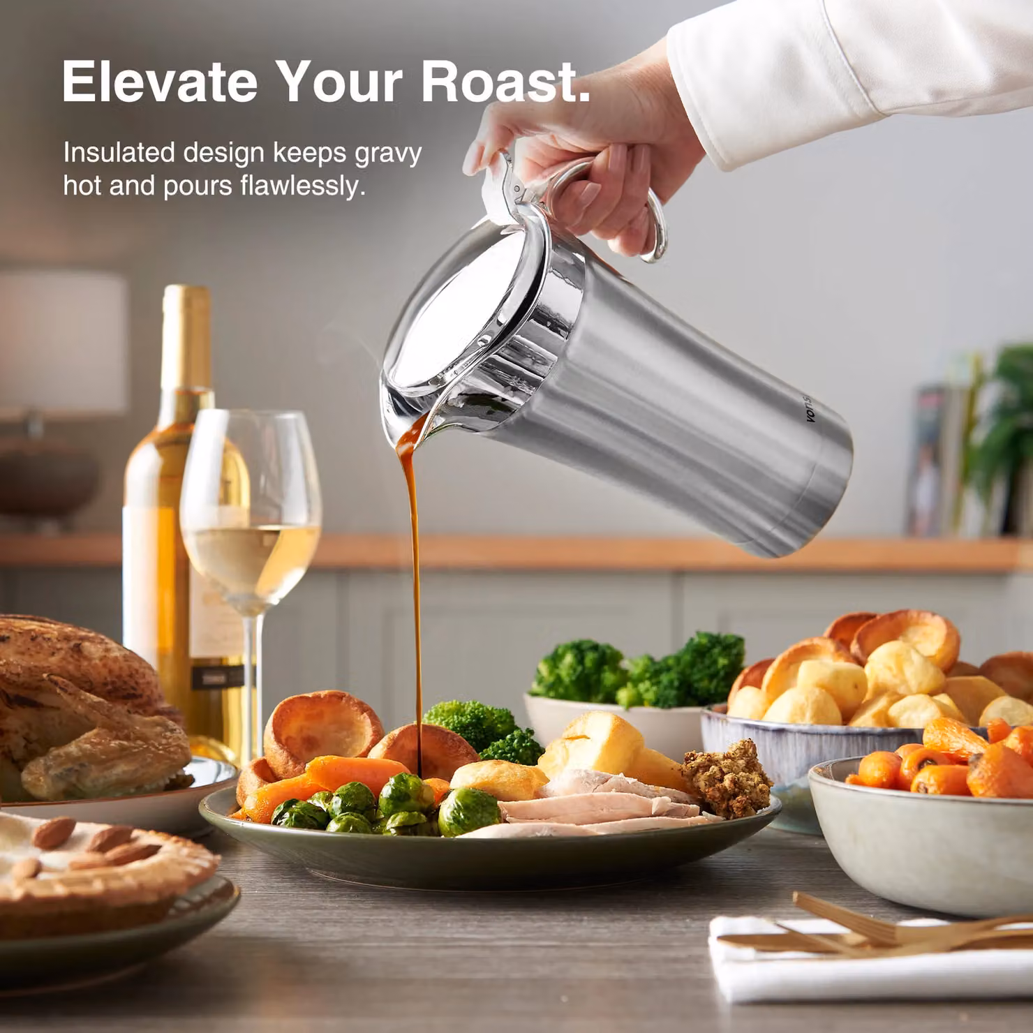 VonShef Stainless Steel Double Walled Insulated Gravy Boat with Lid and Drip Free Spout, Silver, 1 l – 2