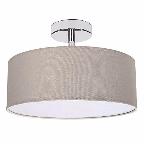 Happy Homewares Modern Grey Fabric Semi Flush Ceiling Light with Chrome Base and White Diffuser, W/D/H: 30 x 30 x 19 cm