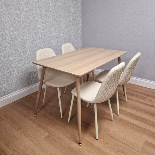 KOSY KOALA Modern Rectangular Dining Table Set with 4 Beige Faux Leather Chairs, W/D/H: 120 x 70 x 75 cm