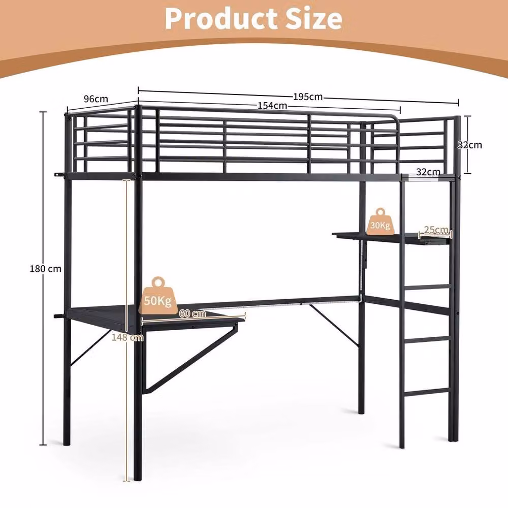 KORVIXA Metal Single Loft Bed Frame in Black with USB Charging Port and Under-Bed Lighting – 2