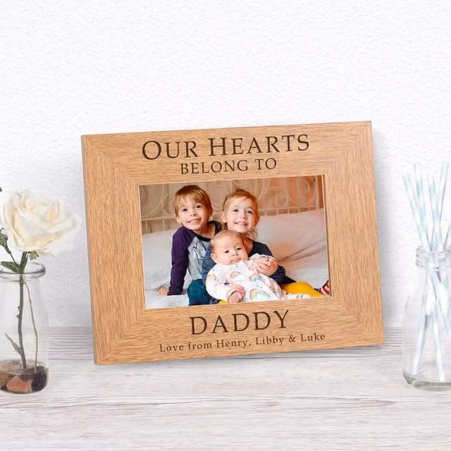 Uniqueful Men's Personalised Our Hearts Belong to Daddy Wood Picture Frame, Brown, W/H: 19.5 x 24.5 cm
