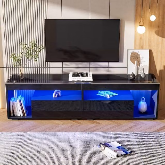 Rolipo Black High Gloss LED TV Stand for up to 80 Inch TVs, 180 cm Wide