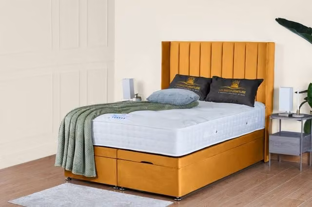 UK Bed Furniture Victoria End Lift Divan Ottoman Bed with 54 Inch Headboard in Yellow Velvet, W/D/H: 120 x 200 cm