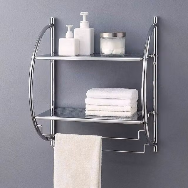 KORVIXA 2 Tier Wall Mounted Metal Bathroom Shelf in Silver