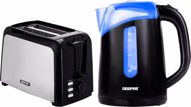 Geepas 2 Slice Bread Toaster and 1.7L Illuminating Electric Kettle Set in Black
