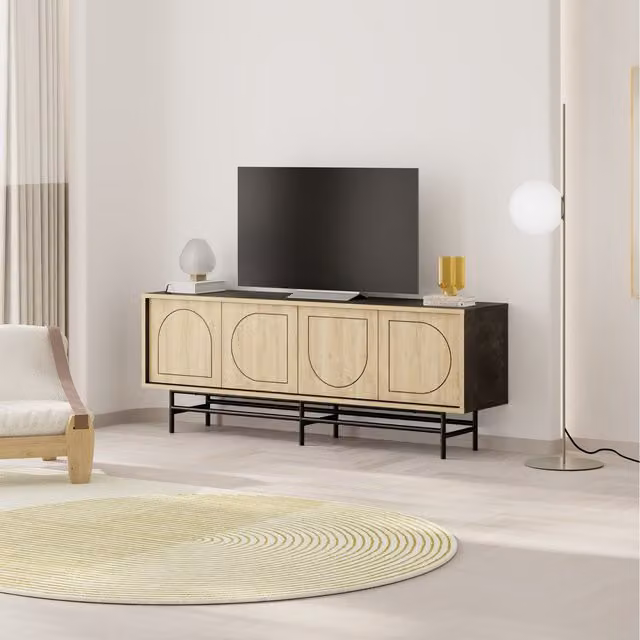 Decortie Modern TV Stand with Laser-Cut Doors for 58 Inch TVs in Moss Green and Oak