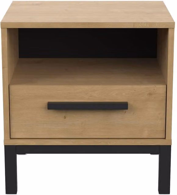 CALICOSY Bedside Table with 1 Drawer and 1 Niche in Light Brown Oak and Matte Black Finish