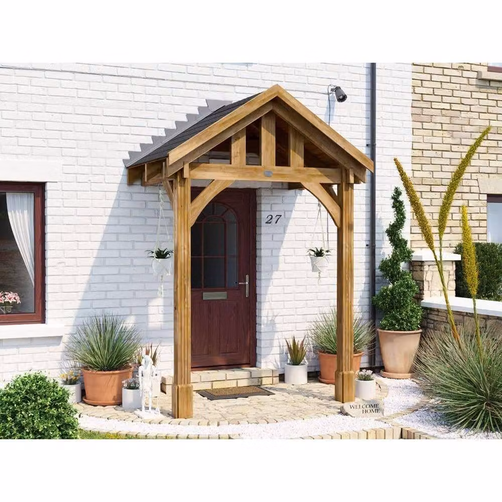 Dunster House Wooden Porch Canopy Kit with Black Shingles and 2 Posts in Brown – 2