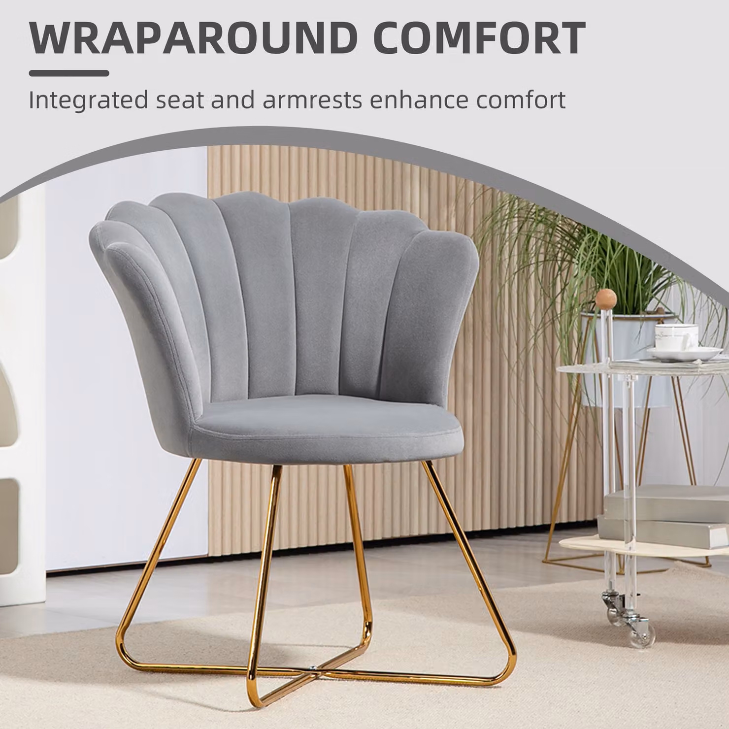 HOMCOM Grey Velvet Lotus Petal Accent Chair with Armrests – 2