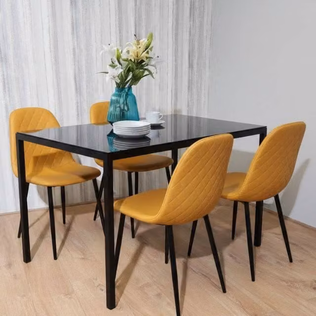 KOSY KOALA Modern Black Glass Rectangular Dining Table Set with 4 Yellow Faux Leather Chairs, W/D/H: 120 x 70 x 75 cm – 1