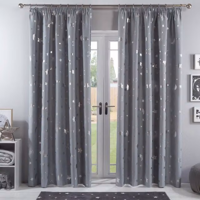 Dreamscene Galaxy Star Blackout Pencil Pleat Curtains, Silver, Width: 228 cm, Height: 167 cm