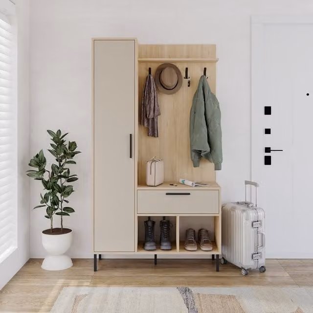 Decortie Acton Hallway Storage Unit with Hooks Tall Cupboard in Sandstone Grey