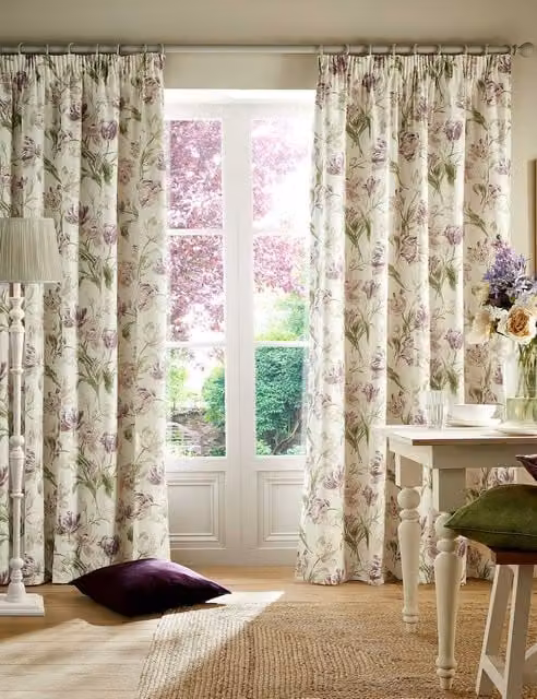Laura Ashley Gosford Floral Pure Cotton Pencil Pleat Thermal Insulating Curtains, Purple Mix, W: 137 cm, H: 117 cm