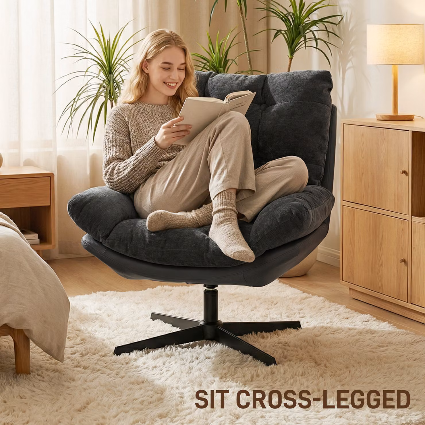 HOMCOM Swivel Accent Chair with Ottoman, Grey Chenille Upholstery and Metal Base – 5