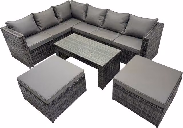 Fimous 5-Piece L-Shape PE Rattan Corner Sofa Set with Ottoman and Tempered Glass Coffee Table in Dark Grey