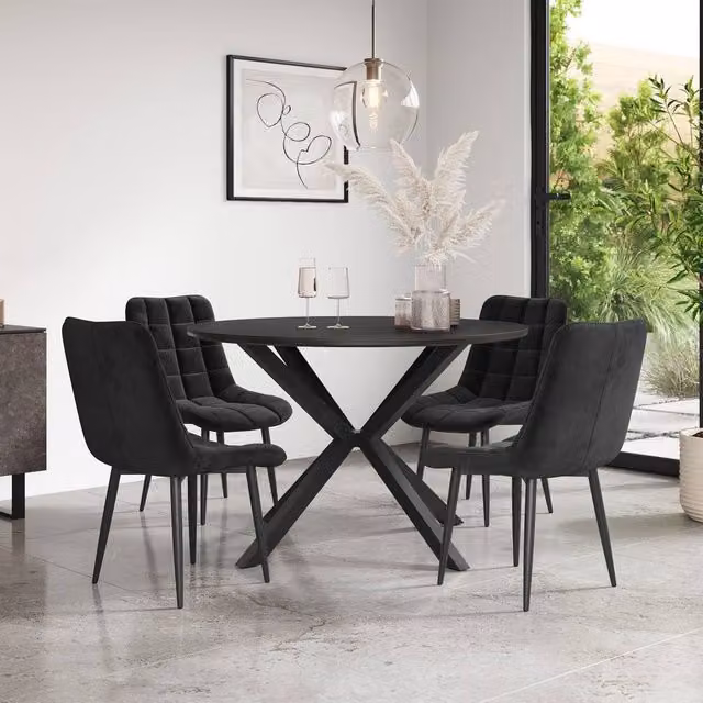 More4Homes Calne Round Ceramic Dining Table and 6 Nova Velvet Chairs in Black, Diameter: 120 cm, Height: 75 cm
