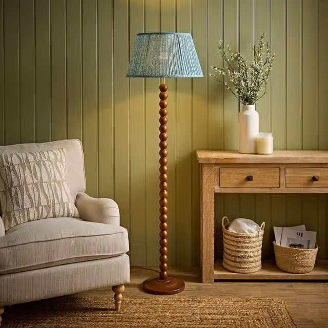 ValueLights Bobbin Printed Pleated Fabric Floor Lamp with Wooden Bobble Base in Walnut and Blue