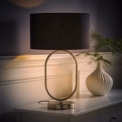 ValueLights Antonia Oval Table Lamp with Black Fabric Drum Shade, Brushed Chrome Base and LED Bulb – 4