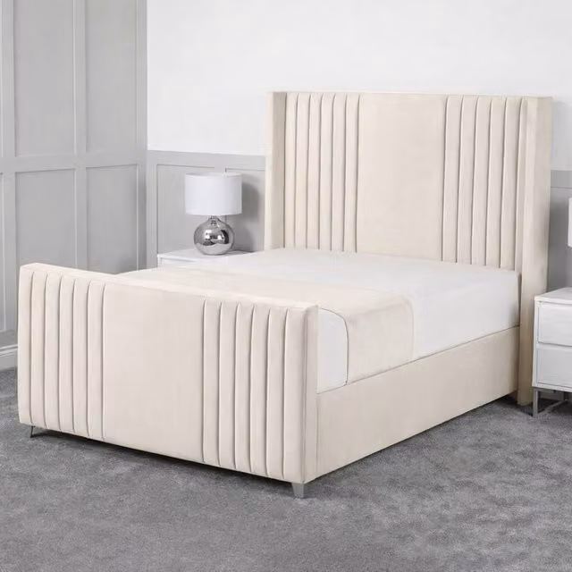 Living Comfort Bedz Emilia Upholstered Velvet Gas Lift Storage Bed in Beige, Super King, 200 x 200 cm