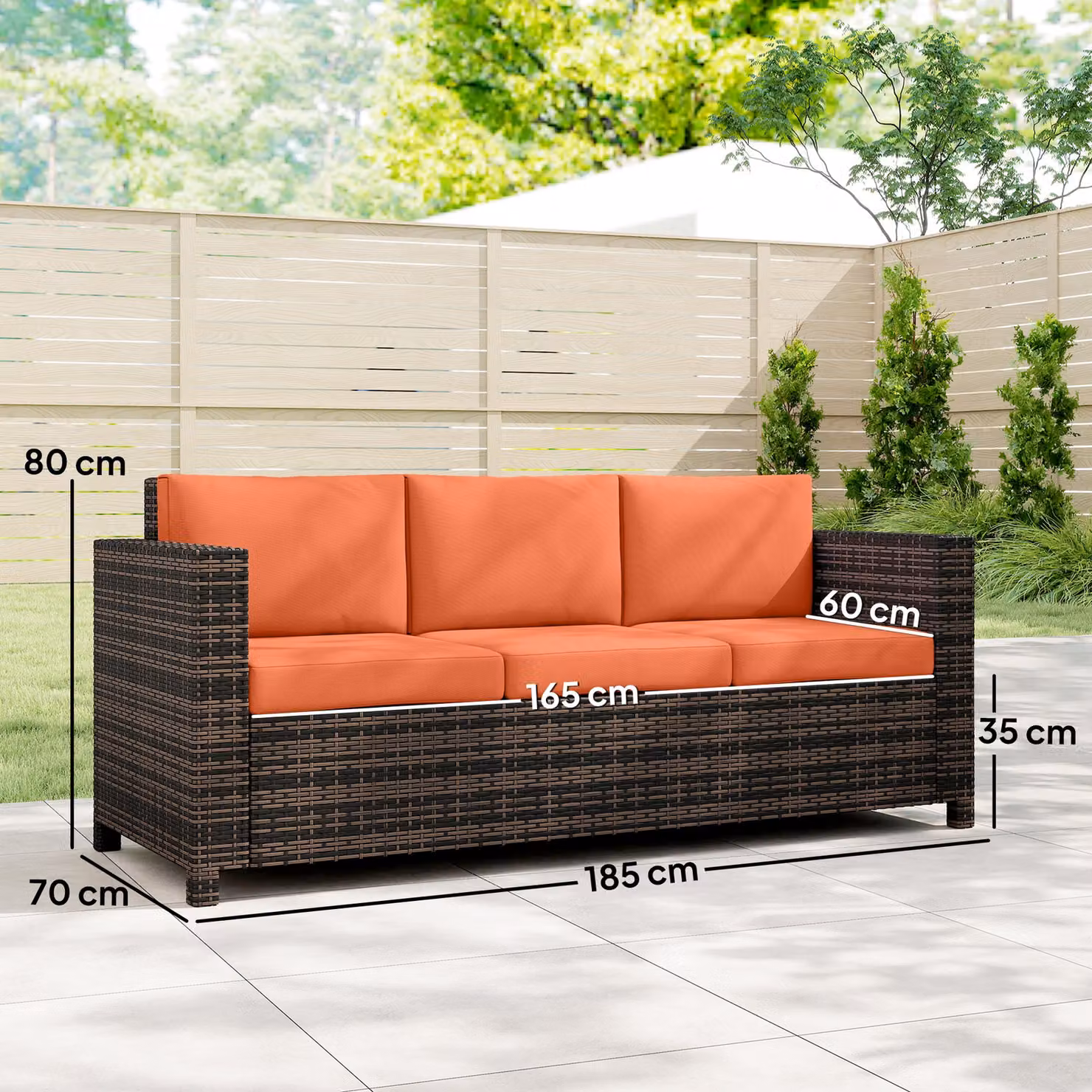 Outsunny 3 Seater Rattan Sofa with Orange Fire Resistant Cushions and Powder Coated Steel Frame – 3