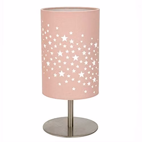 Happy Homewares Pink and Silver Stars Fabric Childrens Bedside Table Lamp, Height: 23 cm