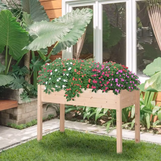Outsunny Wooden Raised Bed Garden Planter in Brown and Beige, W: 80.0 cm, D: 56.5 cm, H: 40.0 cm – 2