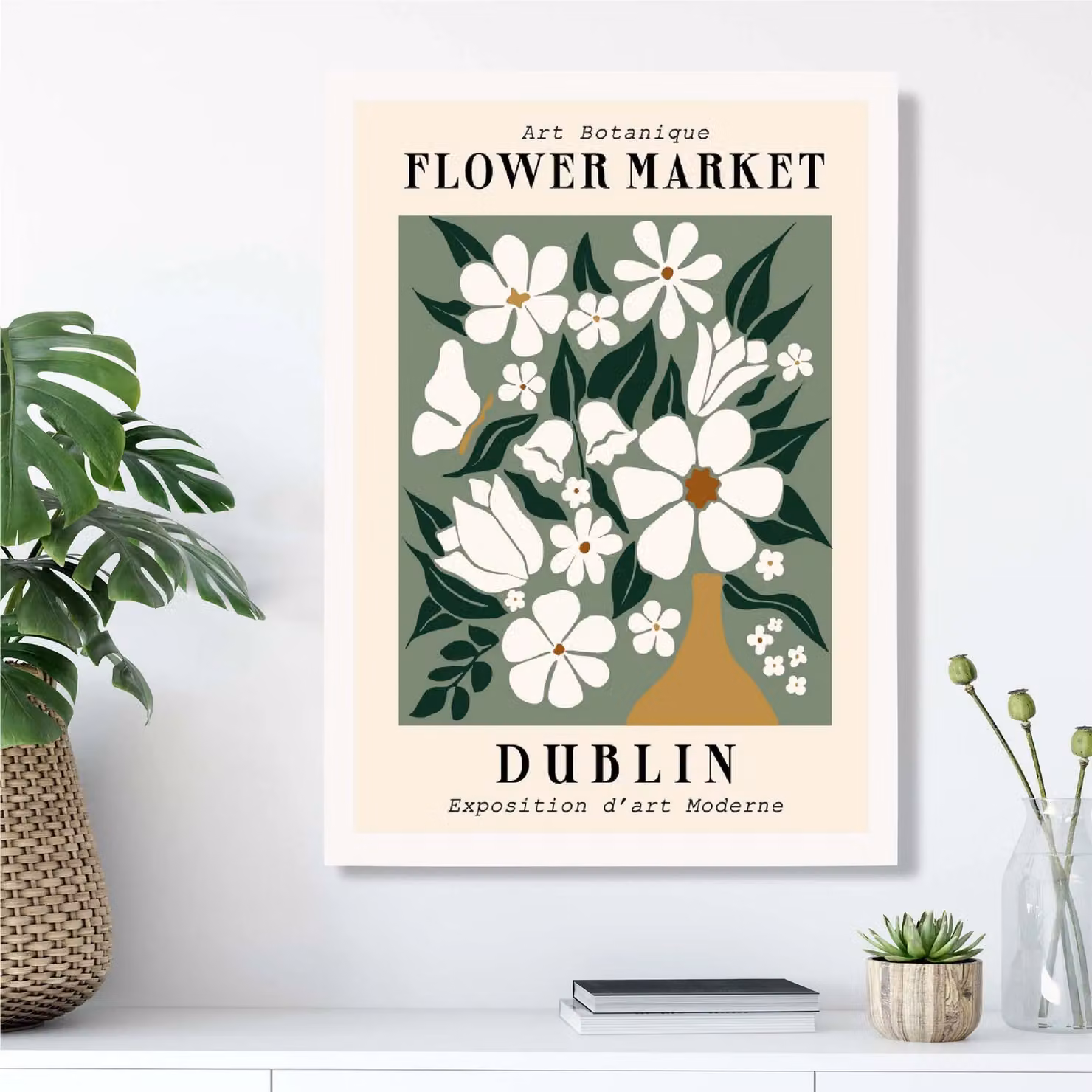 ARTZE Dublin Green and White Flower Market Exhibition Framed Print in Beige with White Frame, A2 – 2