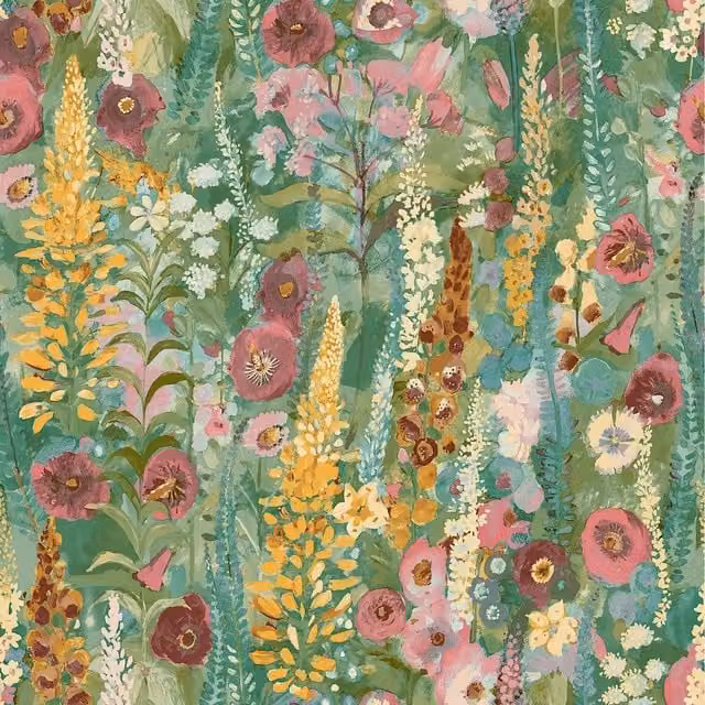 Grandeco Delphinium Forest Floral Botanical Wallpaper in Green and Pink