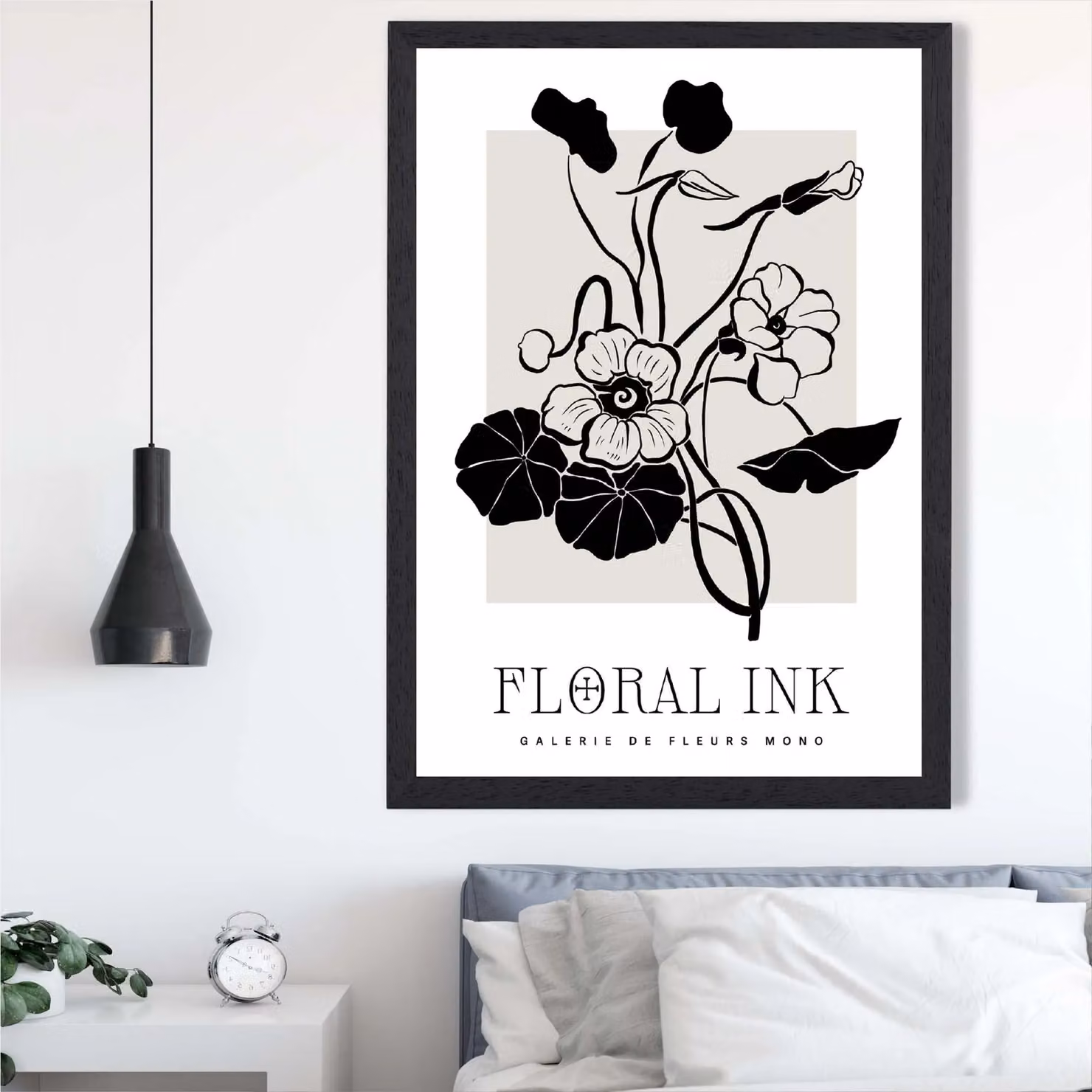 ARTZE Nasturtium Flowers Floral Ink Sketch Framed Print in Black and Beige, A3 Size – 2
