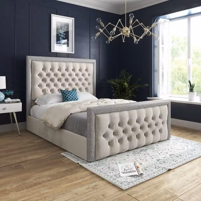DS Living Cheltenham Upholstered Velvet Bed Frame in Glitter and Cream, Super King, 200 x 200 cm – 1