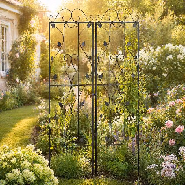 STILVORA Set of 2 Black Steel Garden Trellis Supports with Leaf Design, H: 181 cm, W: 50 cm – 1