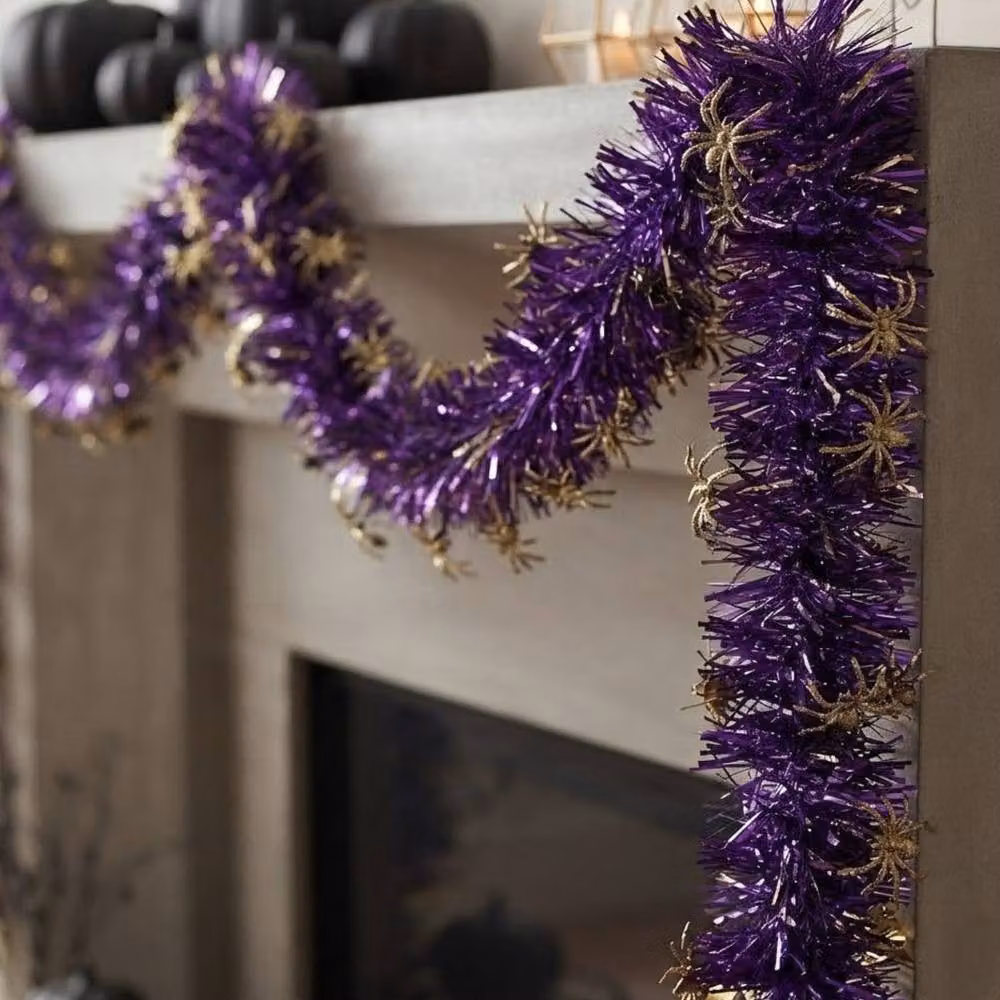 Garden Greatness Purple Spider Tinsel Halloween Garland, 1.8m – 2
